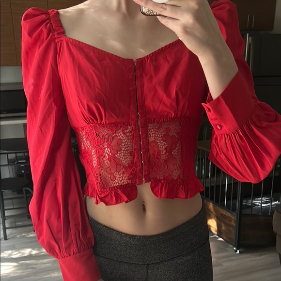 Red Ruffled Crop Blouse - Picture 2 of 5
